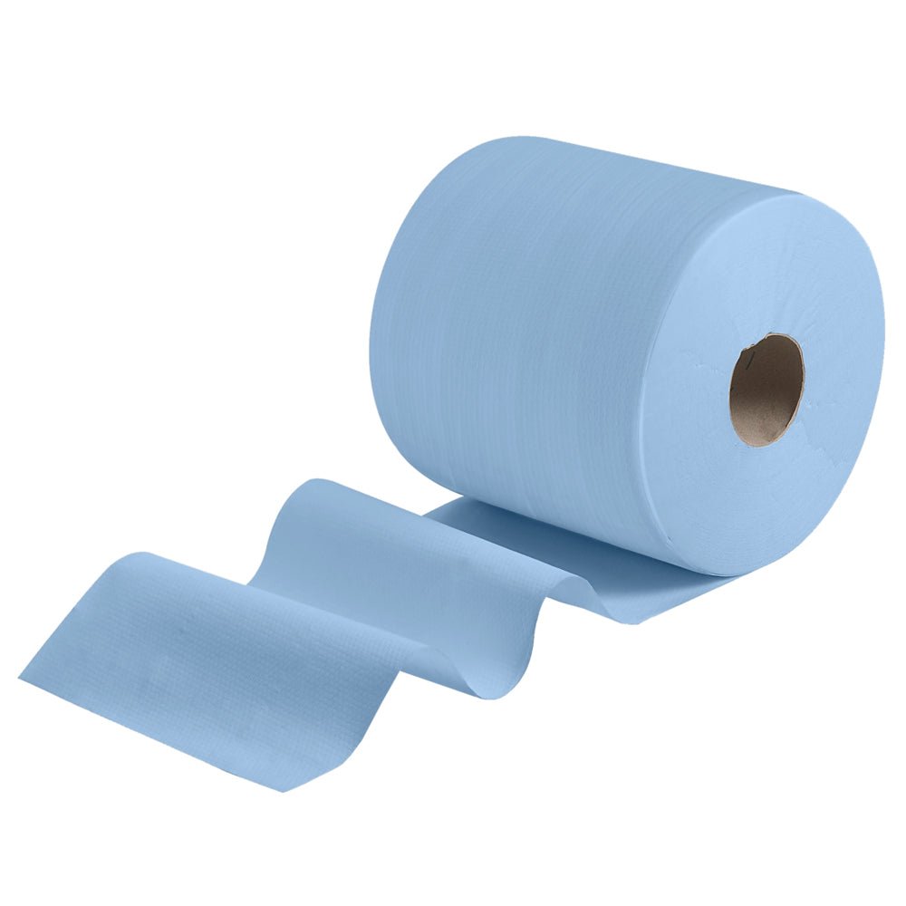 A large WypAll® X80 PowerClean large roll (31.00 cm x 31.50 cm) from Kimberly-Clark GmbH is slightly unrolled and shows several light blue sheets with a cardboard core against a plain white background, perfect as a cleaning cloth for professional use.