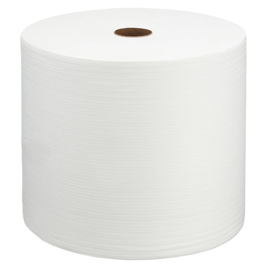 Die WypAll® X70 PowerClean Großrolle in Weiß von Kimberly-Clark GmbH besteht aus 1 Rolle mit 870 Blatt und einem braunen Pappkern, der aufrecht auf weißem Hintergrund abgebildet ist - ideal für die industrielle Reinigung.
