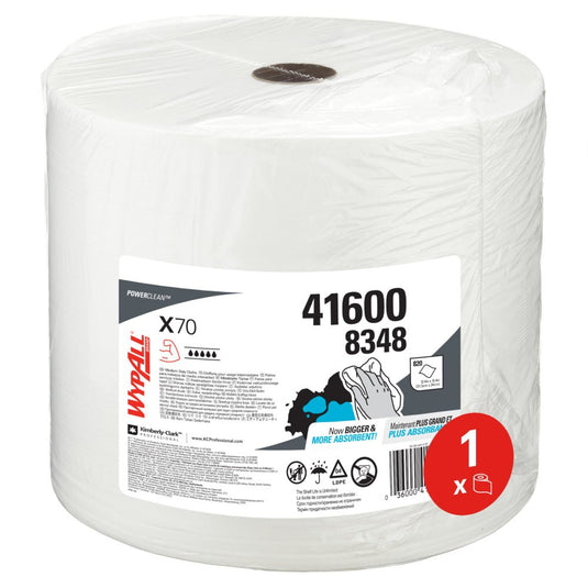 The WypAll® X70 PowerClean jumbo roll in white from Kimberly-Clark GmbH (1 roll x 870 sheets, Item No. 41600 8348) is packaged in clear plastic and is ideal for industrial cleaning.