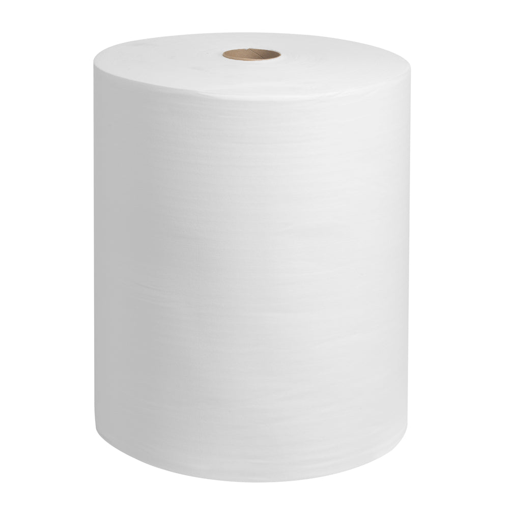Eine WypAll® X60 General Clean Großrolle der Kimberly-Clark GmbH, 1 weiße Rolle mit 650 Blatt, steht aufrecht und zeigt ihre zylindrische Form und ihren braunen Pappkern auf einem einfarbigen Hintergrund.
