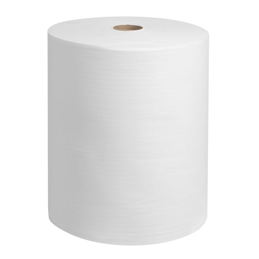 Eine WypAll® X60 General Clean Großrolle der Kimberly-Clark GmbH, 1 weiße Rolle mit 650 Blatt, steht aufrecht und zeigt ihre zylindrische Form und ihren braunen Pappkern auf einem einfarbigen Hintergrund.