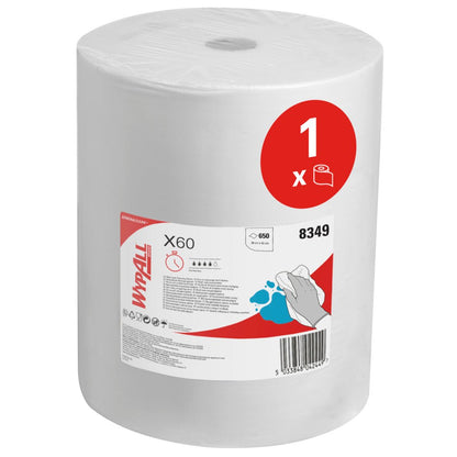 The white WypAll® X60 General Clean large roll from Kimberly-Clark GmbH is equipped with a red label bearing the inscription "1 x", an image of a hand wiper, the product number 8349, and a barcode; it contains 1 roll (650 sheets) for efficient cleaning.