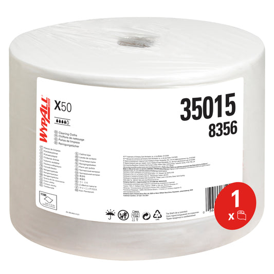 Eine weiße Großrolle WypAll® X50 General Clean von Kimberly-Clark GmbH, 1 Rolle x 1100 Blatt (Großrolle, Weiß), in durchsichtiger Kunststoffverpackung mit Produktinformation und Symbolen auf dem Etikett.