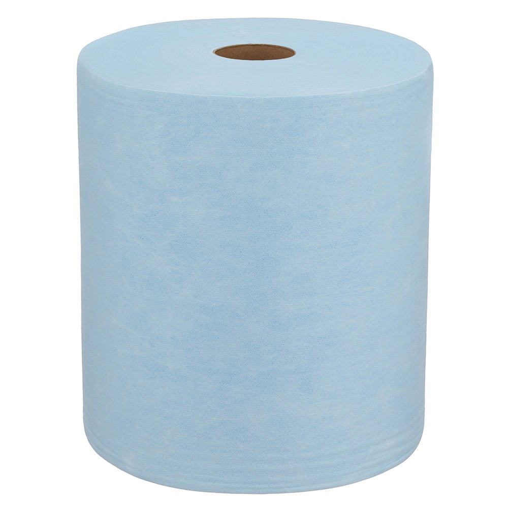 A large blue WypAll® X60 General Clean Large Roll from Kimberly-Clark GmbH (1 Roll x 500 Sheets) with a brown core stands upright on a white background, ideal for professional cleaning tasks.