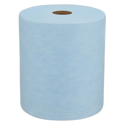 A large blue WypAll® X60 General Clean Large Roll from Kimberly-Clark GmbH (1 Roll x 500 Sheets) with a brown core stands upright on a white background, ideal for professional cleaning tasks.