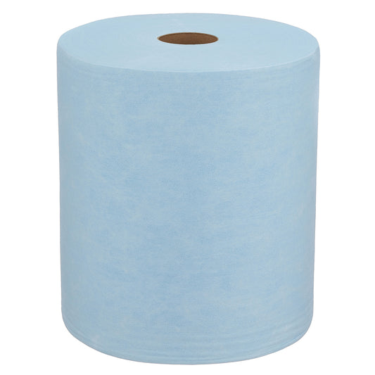 Eine große blaue WypAll® X60 General Clean Großrolle von Kimberly-Clark GmbH (1 Rolle x 500 Blatt) mit braunem Kern steht aufrecht auf weißem Hintergrund, ideal für professionelle Reinigungsaufgaben.