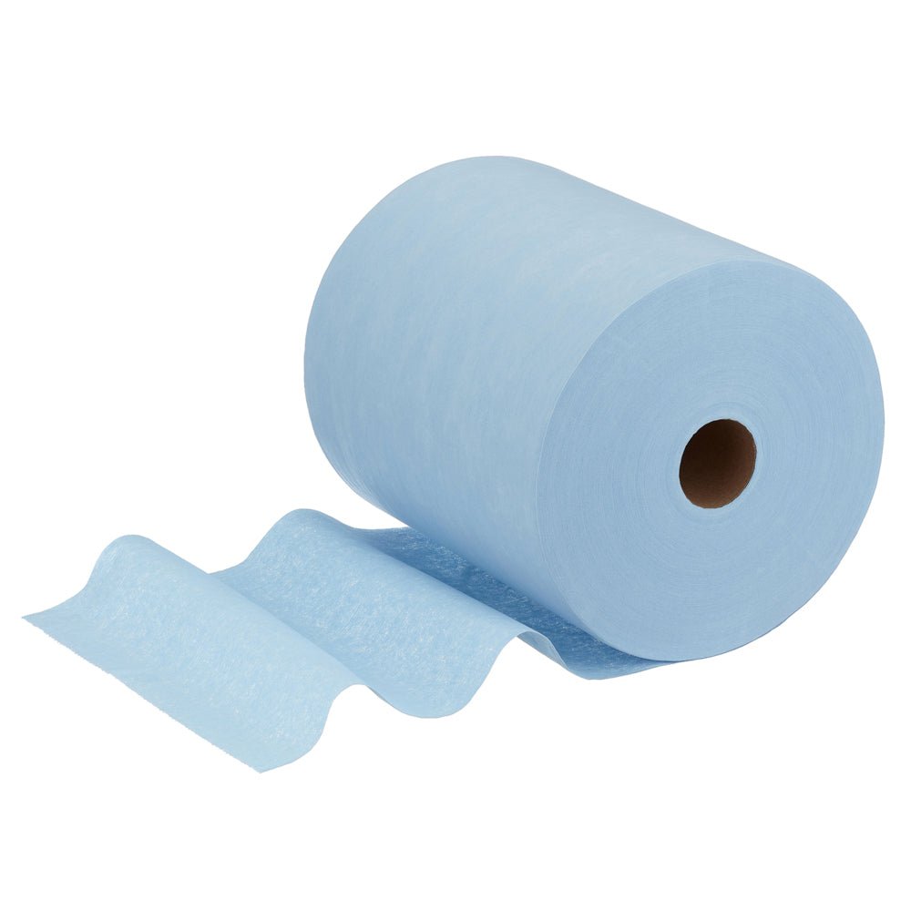 A large WypAll® X60 General Clean Large Roll (blue, 1 Roll x 500 Sheets) from Kimberly-Clark GmbH is depicted with some sheets unrolled. The visible cardboard core emphasizes its suitability for professional cleaning tasks.
