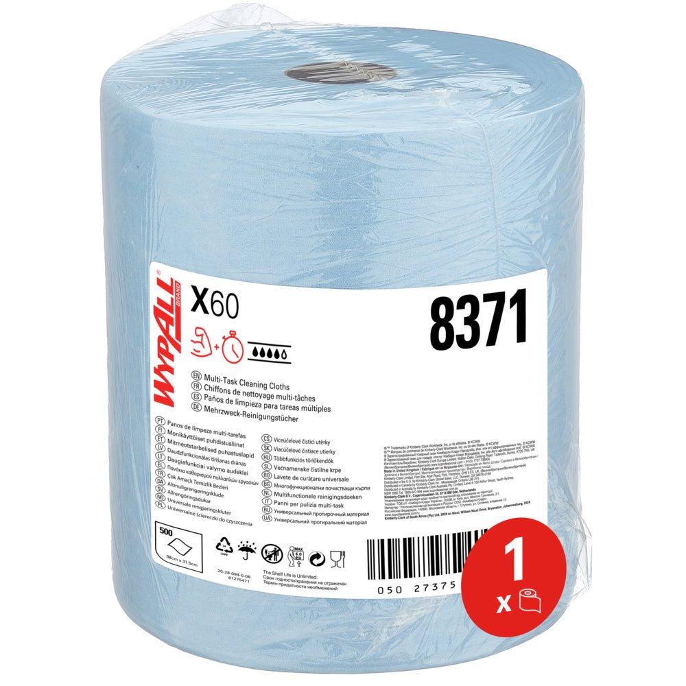 The WypAll® X60 General Clean Large Roll in Blue from Kimberly-Clark GmbH (1 Roll x 500 Sheets) is plastic-wrapped, carries the number 8371, product info and icons - ideal for professional cleaning; label with red circle "1 x".