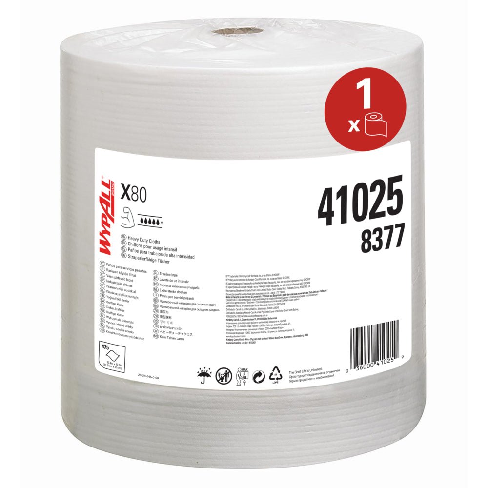 A large roll of WypAll® X80 PowerClean (31.00 x 31.50 cm) from Kimberly-Clark GmbH with a white label featuring brand name, product details, and application symbols - ideal for professional use and tough cleaning tasks.