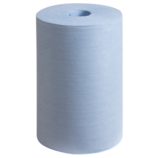 Eine blaue WypAll® X60 General Clean Zentralentnahme Rolle (1 x 150 Blatt) der Kimberly-Clark GmbH steht aufrecht vor einem schlichten weißen Hintergrund.