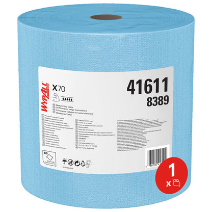 A large blue WypAll® X70 PowerClean jumbo roll from Kimberly-Clark GmbH (1 x 870 sheets per roll) carries a white label with product details, numbers 41611 and 8389, and a red "1 x" symbol - ideal for industrial cleaning.