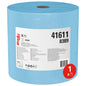 A large blue WypAll® X70 PowerClean jumbo roll from Kimberly-Clark GmbH (1 x 870 sheets per roll) carries a white label with product details, numbers 41611 and 8389, and a red "1 x" symbol - ideal for industrial cleaning.