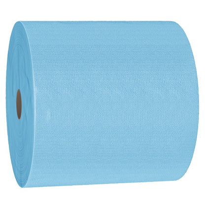 The WypAll® X70 PowerClean jumbo roll from Kimberly-Clark is visible as a large, blue, textured paper towel roll with a brown cardboard core - ideal for industrial cleaning (1 roll x 870 sheets).