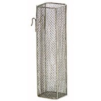 The Novocal catheter basket has a high, rectangular design made of 5x5x1 mm stainless steel wire mesh with a hook at the top. It is open at the top and ideal for the safe storage of medical catheters. One piece per package.