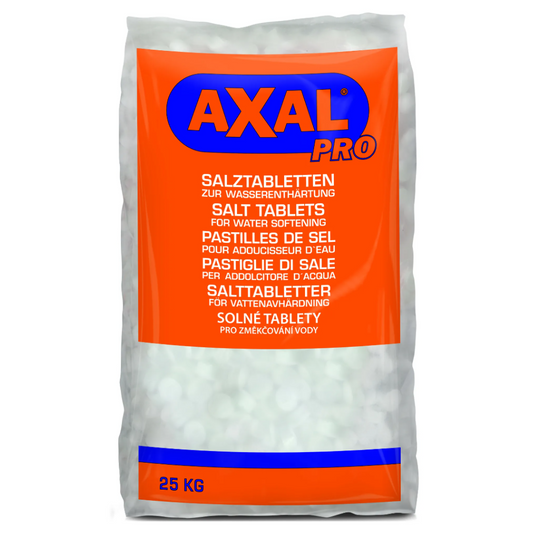 A 25 kg bag of AXAL PRO TABS regenerating salt - special salt for water softening by K+S Minerals and Agriculture GmbH is packaged in bright orange and features multilingual text, including German, English, and French labels. This regenerating salt is ideal for efficient water softening in your home or business.