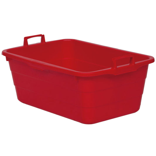 Abgebildet ist eine rote Novocal Kunststoffwanne, 90 L Fassungsvermögen, Größe 750 x 490 x 310 mm mit zwei gegenüberliegenden Griffen, auf weißem Hintergrund.
