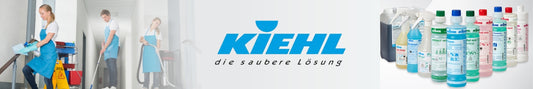 Links putzen drei Personen mit Wischmopp und Wagen, während rechts verschiedene Kiehl-Reinigungsmittelflaschen aufgereiht sind. Das Kiehl-Logo und der Schriftzug "die saubere Lösung" stehen in der Mitte.