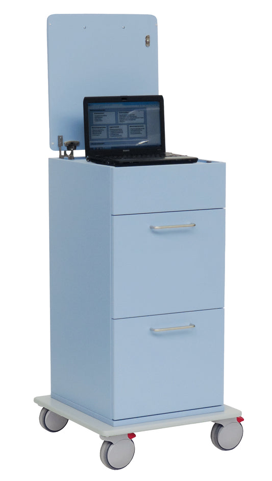 Der Novocal Laptopwagen mit absenkbarer Laptop-Ablage (1 Stück) in Hellblau verfügt über zwei Schubladen, eine flache Platte mit erhöhter Rückwand und vier Rollen - ideal für ergonomisches Arbeiten und flexiblen Laptop-Einsatz.