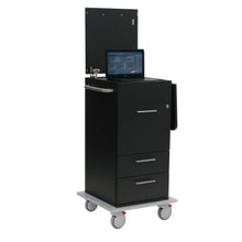 Der Novocal Laptopwagen mit absenkbarer Laptop-Ablage (1 Stück) in Schwarz verfügt über drei Schubladen, einen Griff, einen Laptophalter, vier Rollen für Mobilität, eine vertikale Rückwand und einen Handtuchhalter - ideal für ergonomisches Arbeiten.