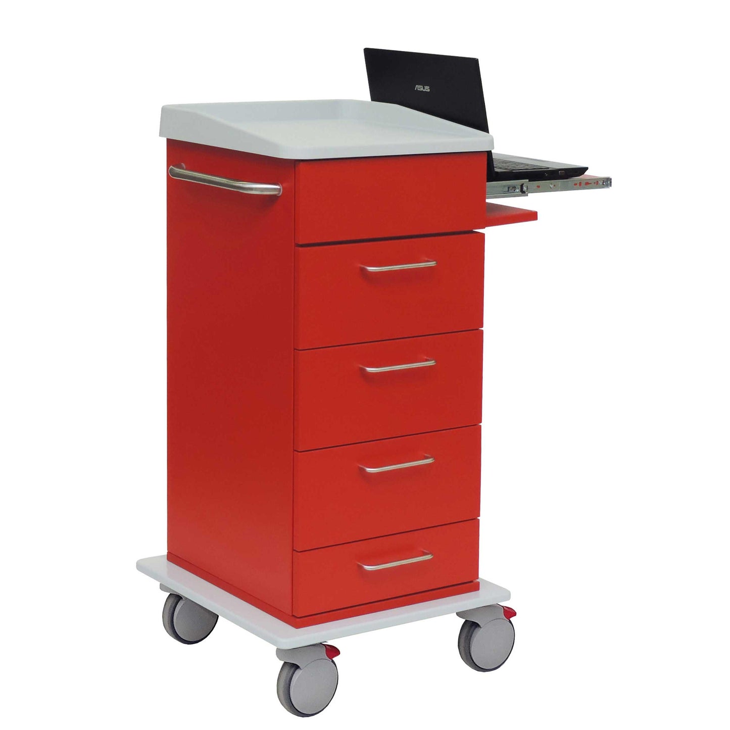 The Novocal laptop cart with a side pull-out laptop compartment of 2.5 HE and five drawers on four gray wheels is ideal for mobile use - suitable for a black laptop, for example.