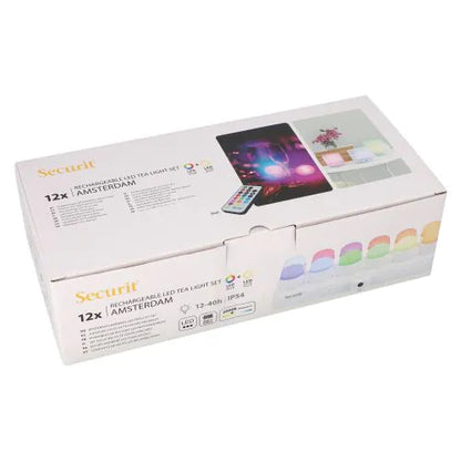 Papstar Securit® 12 LED tea lights incl. charging station Ø 4 cm x 5 cm "Amsterdam" lighting time 12-40 hours
