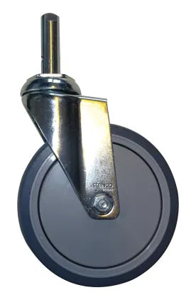 Eine einzelne Novocal Leichtlauflenkrolle mit Bolzen (Ø 150 mm), ideal für Sortierregalwagen oder Kittelständer, mit Metallbügel und grauem Gummiaußenring, abgebildet auf weißem Hintergrund. Packung: 1 Stück.