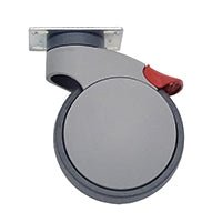 The Novocal lightweight swivel castor plastic with double stop Ø 125 mm, ideal for care trolleys, features a gray swivel castor with a flat top plate and a red brake lever. Brand: Novocal. Pictured against a white background. Packaging: 1 piece.