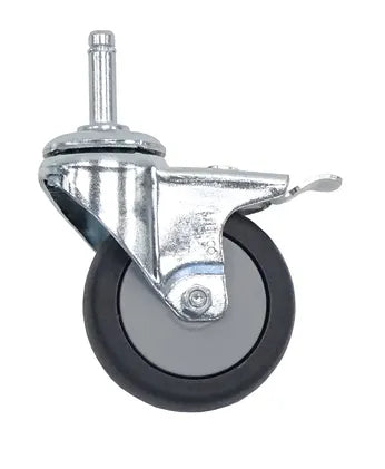 Eine einzelne Novocal Leichtlauflenkrolle mit Bolzen, mit Stopp, Ø 75 mm elektrisch leitfähig, für NW S70/S. Mit Metallbügel, schwarzer Gummilauffläche, grauem Radmittelpunkt und Vorbaugewinde. Abgebildet auf weißem Hintergrund. Packung enthält 1 Stück.