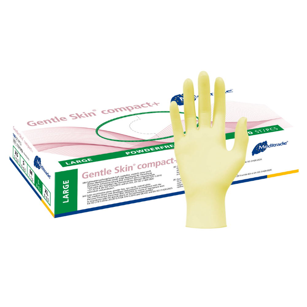 In front of an open box of medical gloves Meditrade Gentle Skin® Latex Gloves compact+ disposable gloves, a yellow latex glove is displayed, with some gloves visible in the box. The text on the box indicates that these are large gloves.
