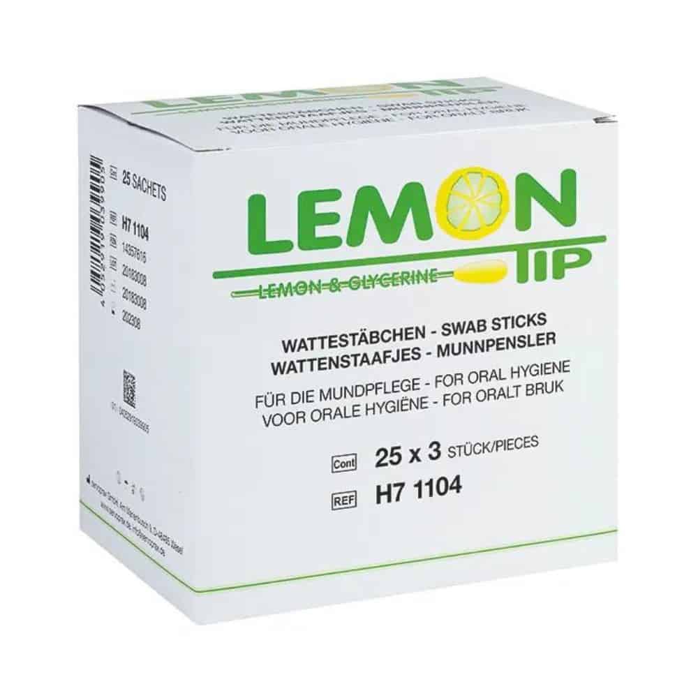 Displayed is a package of Lemon Tip oral care swabs from Servoprax GmbH. The label states in various languages "For oral hygiene" and "Oral care." This oral care product consists of 25 packages, each with 3 swabs, totaling 75 pieces per package. The product reference number is H7 1104.