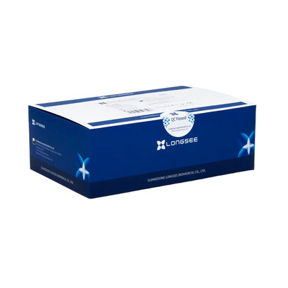 A blue and white Longsee 2019-nCoV Ag rapid test 25-piece package on a white background, with labels and a "QC Passed" sticker indicating quality control approval, labeled CE-certified.