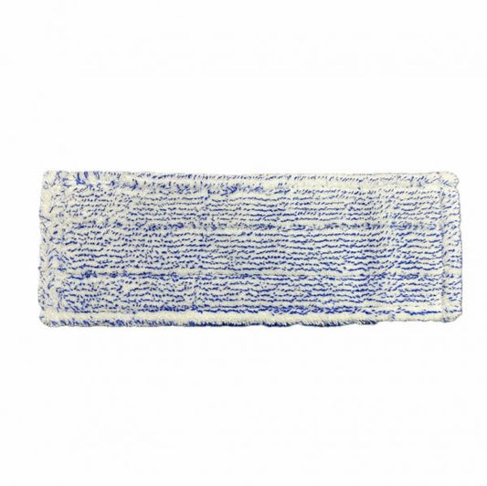 Der Arcora Excellent Blue-White Fc-Mopp Mit Farbcodierung Ohne Deckblatt von Arcora International GmbH verfügt über eine rechteckige, strukturierte Mikrofaser-Oberfläche mit blauen Streifen und ausgefransten Kanten - die Farbcodierung ermöglicht eine einfache, hygienische Identifizierung.
