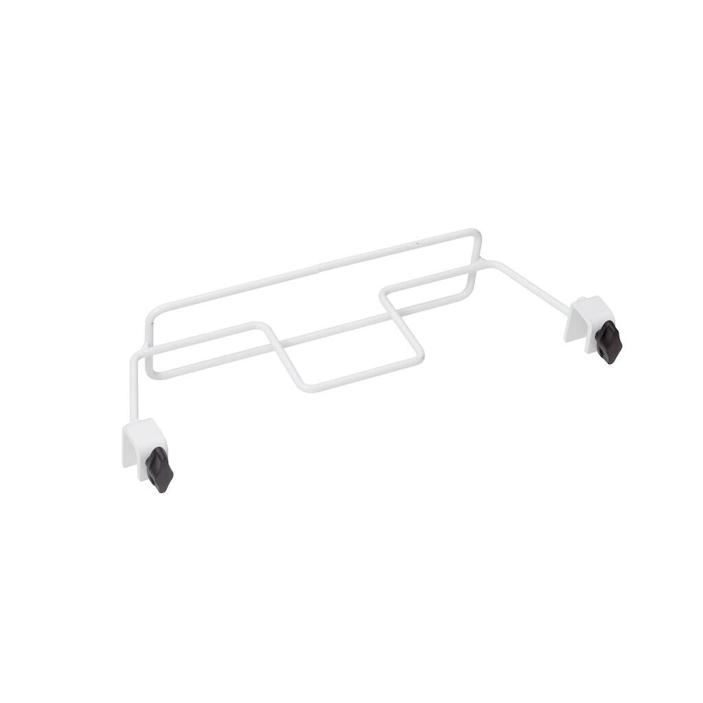 Der TASKI Mopprahmenhalter 1 Stk. We von Diversey Deutschland GmbH & Co. OHG ist ein weißer Metalldrahtständer mit schwarzen Kunststoffbefestigungsklammern, der für die einfache Befestigung an einem TASKI Trolley und den praktischen Mopprahmenhalter-Einsatz konzipiert ist.