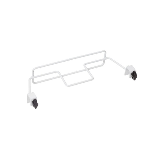 Der TASKI Mopprahmenhalter 1 Stk. We von Diversey Deutschland GmbH & Co. OHG ist ein weißer Metalldrahtständer mit schwarzen Kunststoffbefestigungsklammern, der für die einfache Befestigung an einem TASKI Trolley und den praktischen Mopprahmenhalter-Einsatz konzipiert ist.