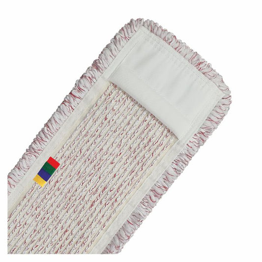 Eine Nahaufnahme des Arcora International GmbH Arcora Medical Red Microfasergarn-Bezugs zeigt weiße und rote Fasern, einen hygienischen weißen Geweberand und ein Schild mit roten, grünen, blauen und gelben Streifen auf einer Seite.