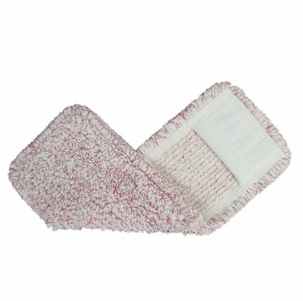 Der Arcora Medical Red Microfasergarn-Bezug von Arcora International GmbH ist ein hygienischer, rechteckiger Wischmopp mit roten und weißen strukturierten Fasern und einer weißen Stofftasche zur einfachen Befestigung. Er ist ideal für den medizinischen Gebrauch und wird flach auf einem weißen Hintergrund abgebildet.