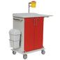 The Novocal medication cart features a full plastic chassis, red doors, a white roof and white sides, four wheels, a side trash can, and a yellow container for sharp objects on a rear bar - ideal for medical facilities.