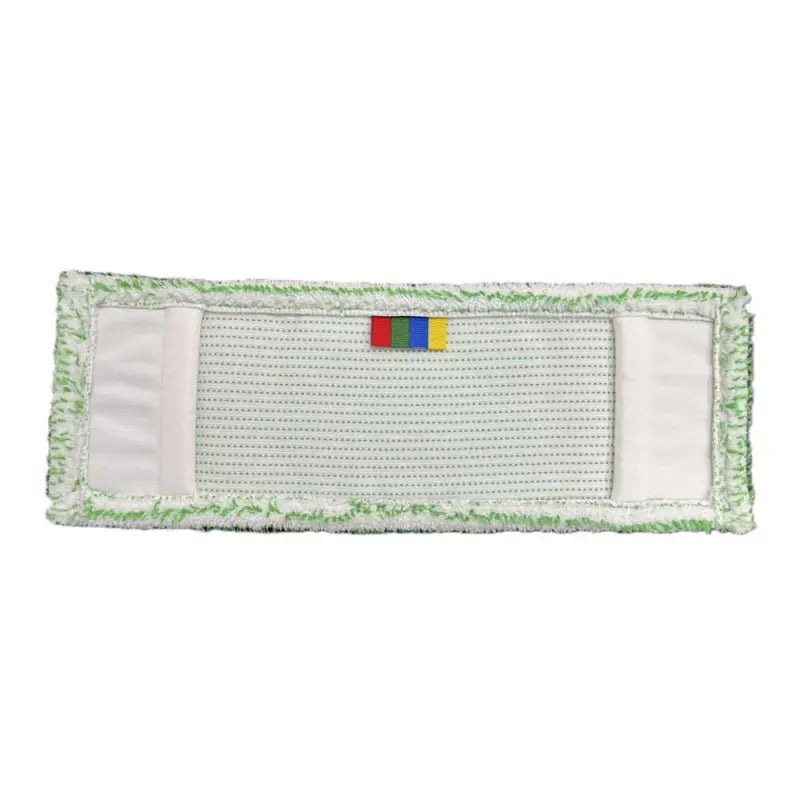 Der Arcora Excellent Green-White Db-Fc Mopp Mit Farbcodierung Und Deckblatt von Arcora International GmbH ist ein rechteckiger weißer Moppkopf mit einer strukturierten grauen Mitte, einer grünen Umrandung, zwei weißen Streifen an jedem Ende und einem mehrfarbigen Anhänger.
