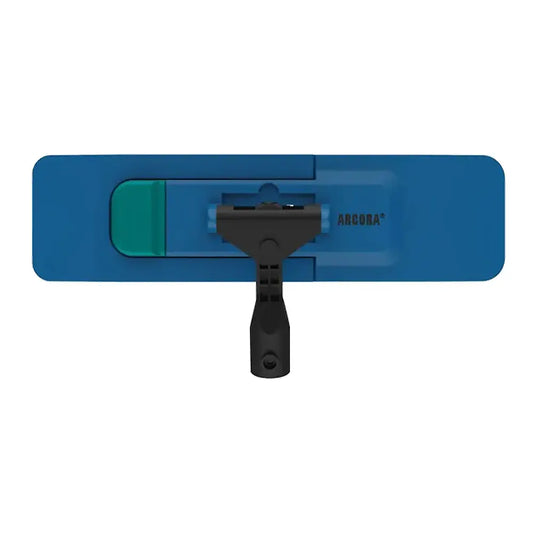 Der Arcora Standard-Klapphalter blau 40 cm nan der Arcora International GmbH ist ein rechteckiger blauer Kunststoffmophalter mit grünem Knopf und schwarzem Aufsatz, der von oben auf weißem Hintergrund mit sichtbarer Marke abgebildet ist.