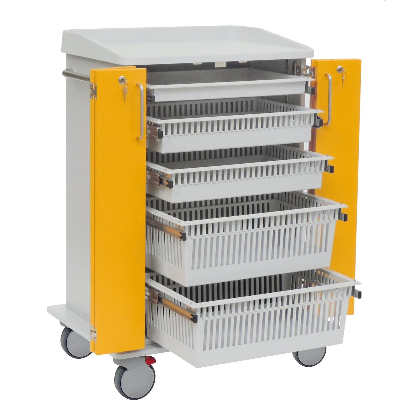 The Novocal module cart features a chassis made of solid plastic panel, yellow doors, four pull-out white baskets, a flat roof, and wheels for easy mobility - ideal for organized medical transport solutions.