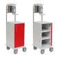 Two views of the Novocal MRSA2 cart chassis by Novocal, made with a full plastic plate and red front; one cart is closed, the other shows three interior compartments. With four wheels, metal handle, and disinfectant dispenser.