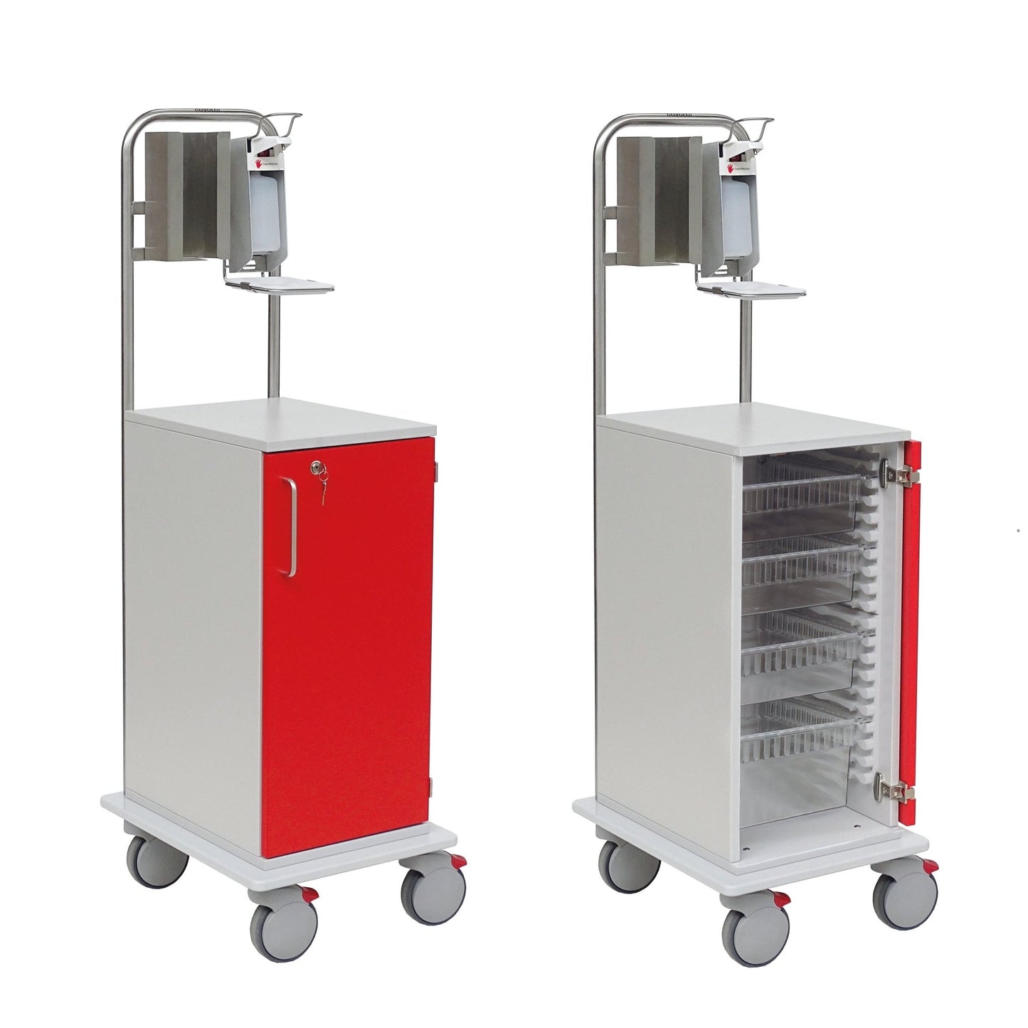 Two views of the Novocal MRSA2 cart with a red front door on a continuous solid plastic panel chassis. On one side the door is closed, on the other the shelves inside are visible. A disinfectant dispenser is mounted on the top.