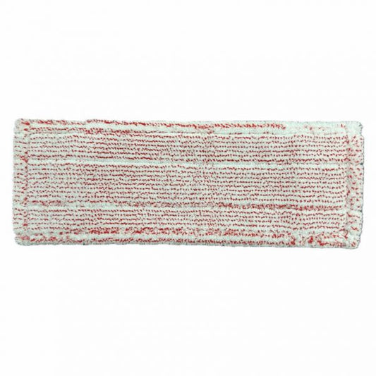 Das Arcora Excellent Red-White Db-Fc Mopp Mit Farbcodierung Und Deckblatt von Arcora International GmbH ist ein rechteckiges Mikrofaserpad mit weißen und roten Streifen, strukturierter Oberfläche, bearbeiteten Kanten und Farbcodierung zur einfachen Identifizierung von Reinigungsaufgaben. Abgebildet auf weißem Hintergrund.