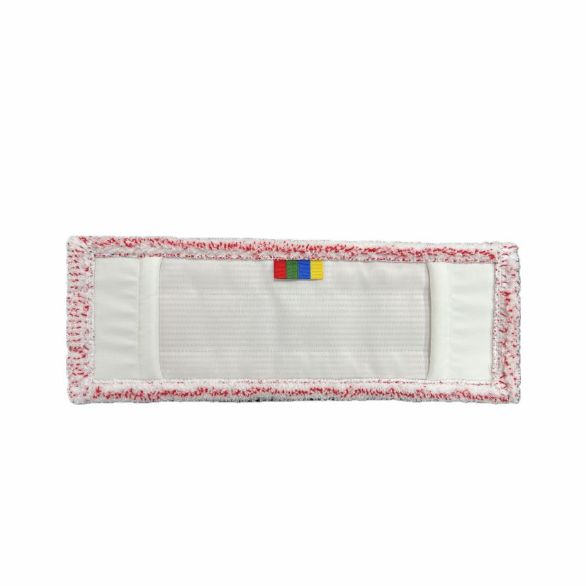 Das Arcora Excellent Red-White Db-Fc Mopp Pad von Arcora International GmbH ist ein rechteckiger Mikrofaser-Mopp mit Farbcodierung, strukturiertem Rand und bunten Tabs in der Mitte, abgebildet vor weißem Hintergrund.