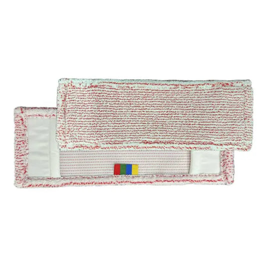 Zwei rechteckige Arcora Excellent Rot-Weiß Fc-Mopp Mit Farbcodierung Ohne Deckblatt Mopps der Arcora International GmbH aus weißem Stoff mit roten Streifen; ein Pad liegt flach, das andere ist für die Präsentation teilweise gestapelt.