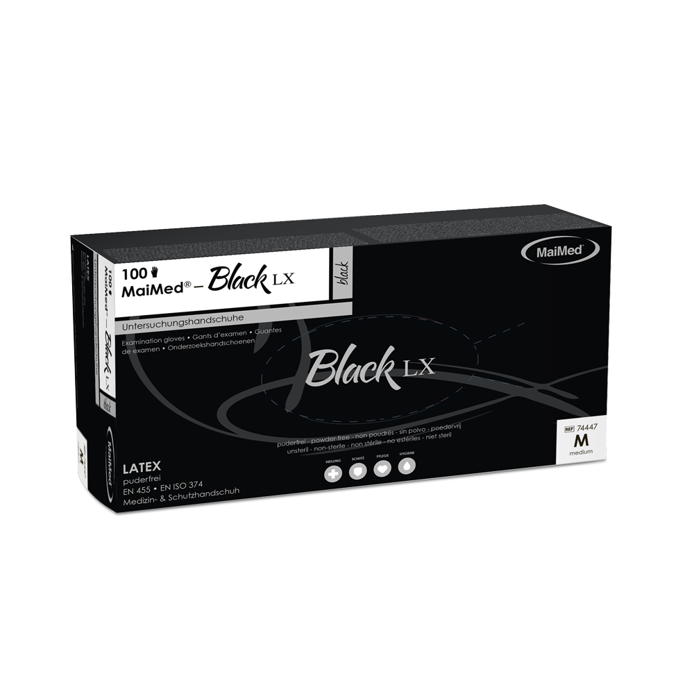 MaiMed-Black LX PF disposable latex examination gloves, powder-free, 100 pieces/box