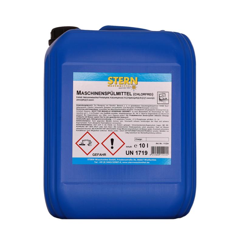 Ein blauer 10L-Kunststoffkanister mit der Aufschrift "STERN Maschinenspülmittel OC" der Stern Waschmittel GmbH, chlorfrei und mit Gefahrensymbolen gekennzeichnet, ideal für Gastronomie und Großküchen als industrielles Geschirrspülmittel.