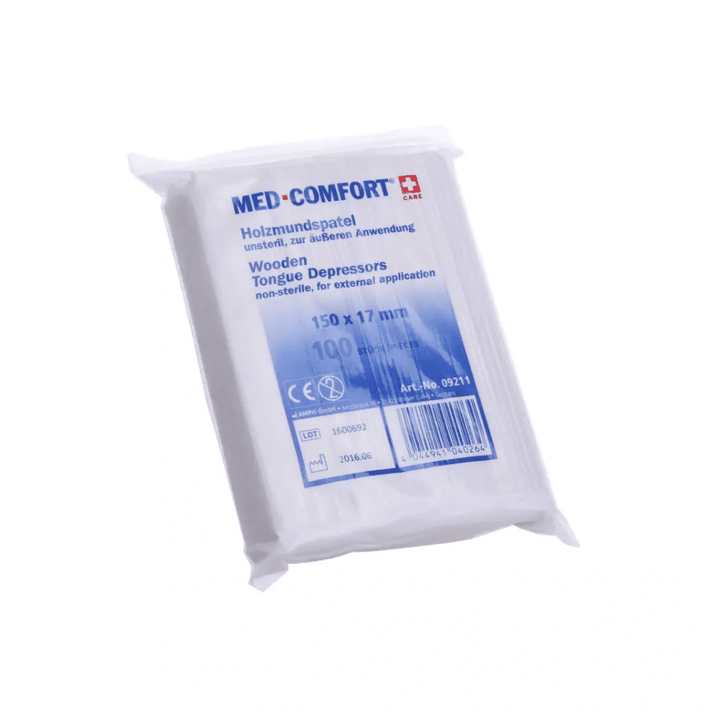 Abgebildet ist eine Packung Med Comfort Holzmundspatel der AMPri Handelsgesellschaft mbH mit 100 Stück aus naturbelassenem Birkenholz. Auf der Packung sind Produktdetails wie Abmessungen (150 x 17 mm) angegeben und das Produkt ist als unsteril zur äußerlichen Anwendung gekennzeichnet.