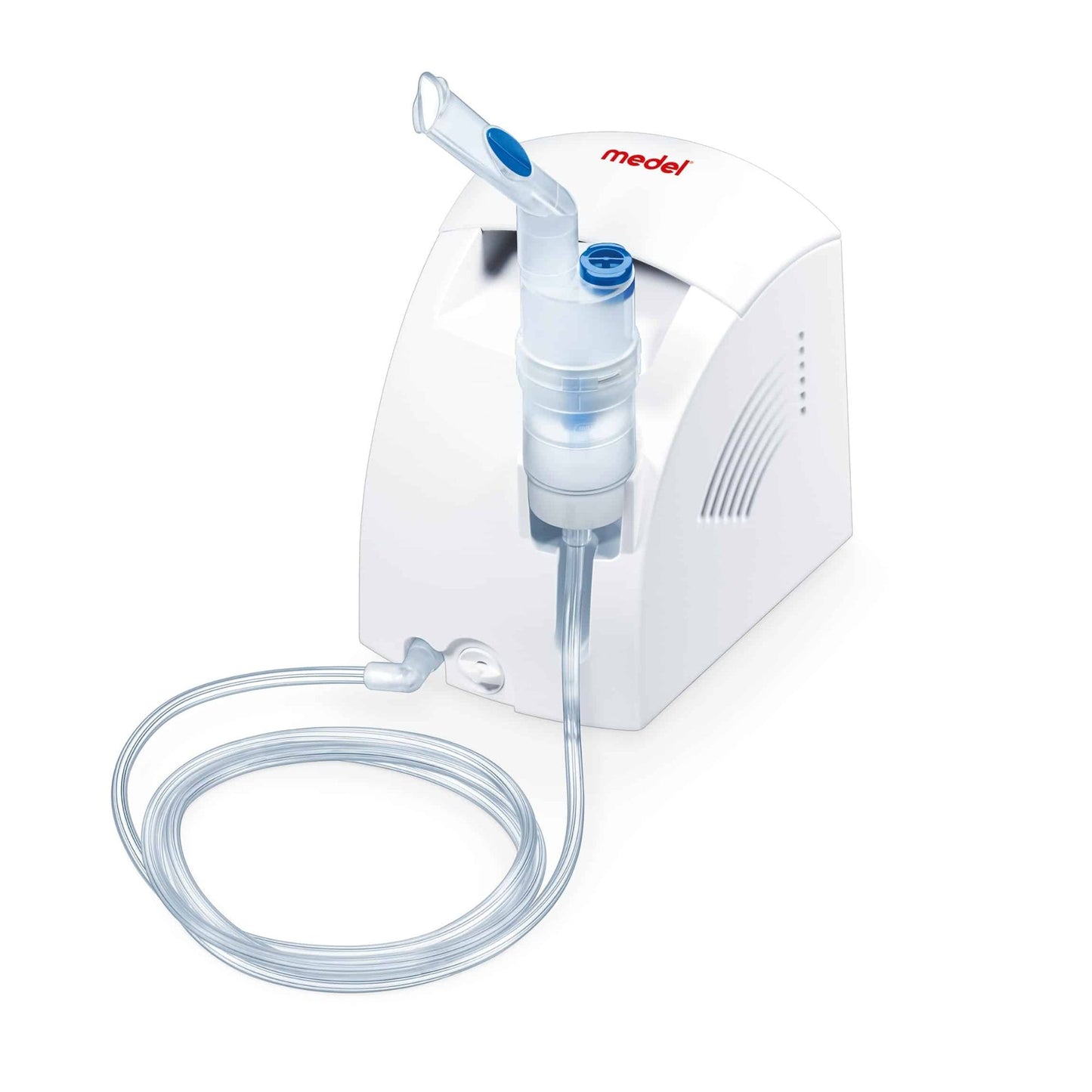 The discontinued item: Medel Air Plus Inhaler from Beurer GmbH (pack of 2 devices) impresses with its white design with blue accents, the transparent medication cup and tube, as well as the red "medel" lettering - ideal for respiratory diseases.