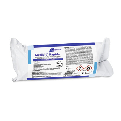 Package of Meditrade Medizid® Rapid+ disinfectant wipes in a white-blue plastic packaging with labels and safety information in German. Contains 150 wipes.